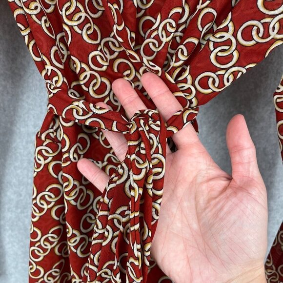 Cabi Ringleader Wrap Top Size S Red Signet Chain Print Mesh Long Sleeve 3951 - Picture 2 of 11